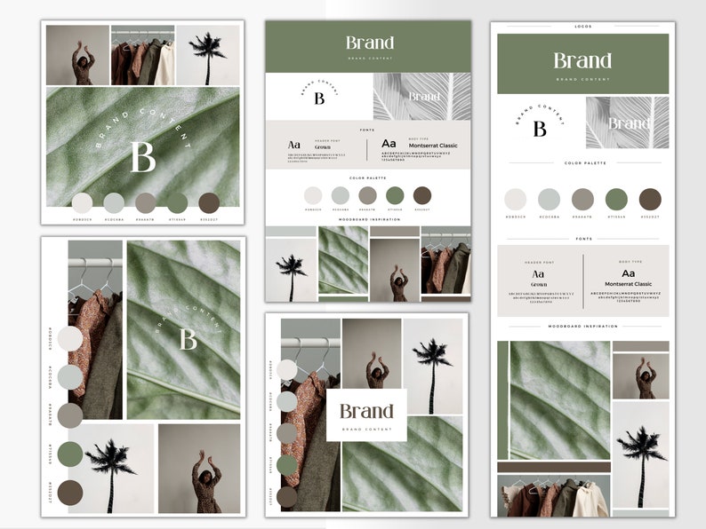 May include: Brand identity design template with a green and brown color palette. The template features a logo with the letter "B" in a circle, a color palette, and a font selection. The template also includes a mood board with images of palm trees, clothing, and leaves.