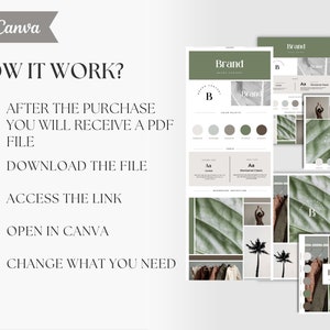 May include: A how-to guide for using Canva to create a brand identity. The guide includes steps for downloading a PDF file, accessing a link, opening the file in Canva, and changing the design elements. The image also shows a sample brand identity template with a green and brown color palette, a logo, and a font.
