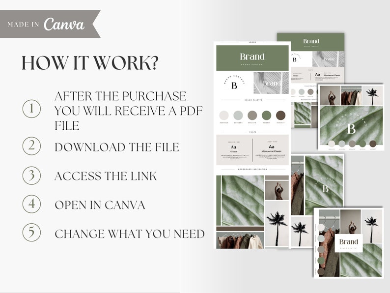 May include: A how-to guide for using Canva to create a brand identity. The guide includes steps for downloading a PDF file, accessing a link, opening the file in Canva, and changing the design elements. The image also shows a sample brand identity template with a green and brown color palette, a logo, and a font.