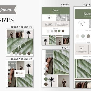 May include: A brand guide template with a green and brown color palette. The template includes a logo, color palette, fonts, and mood board inspiration. The mood board features images of clothing, palm trees, and leaves.