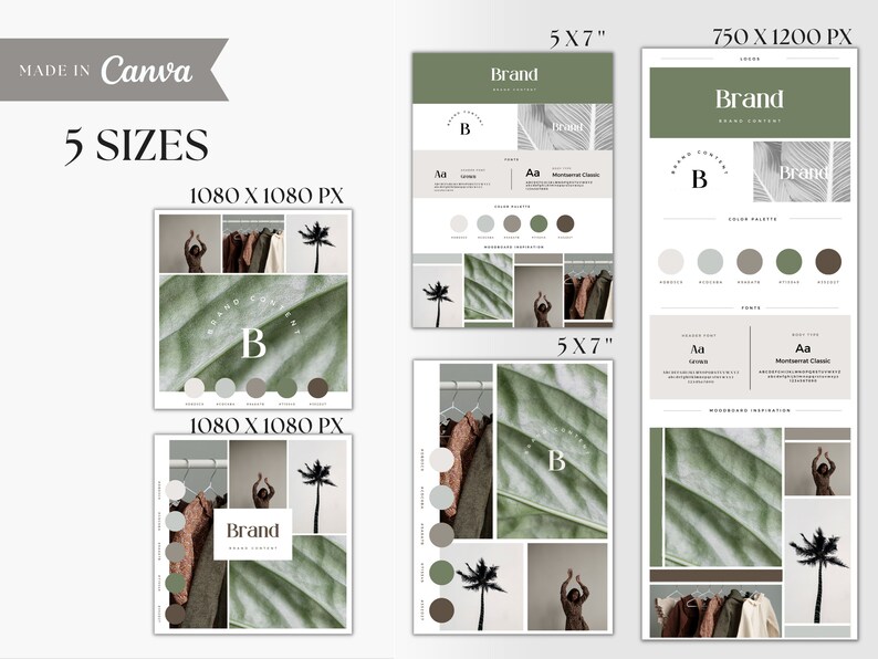 May include: A brand guide template with a green and brown color palette. The template includes a logo, color palette, fonts, and mood board inspiration. The mood board features images of clothing, palm trees, and leaves.