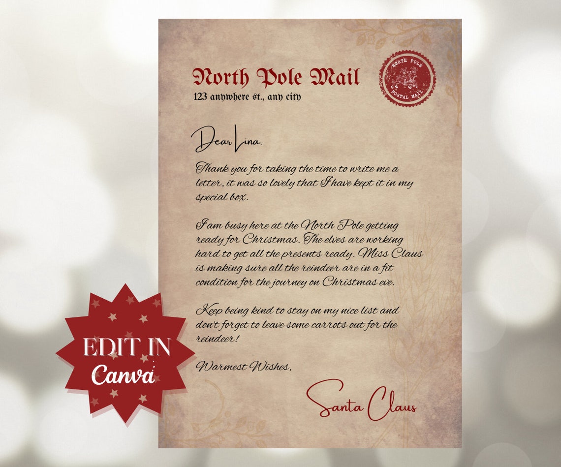 Letter From Santa Editable and Personalized Santa Letter Letter
