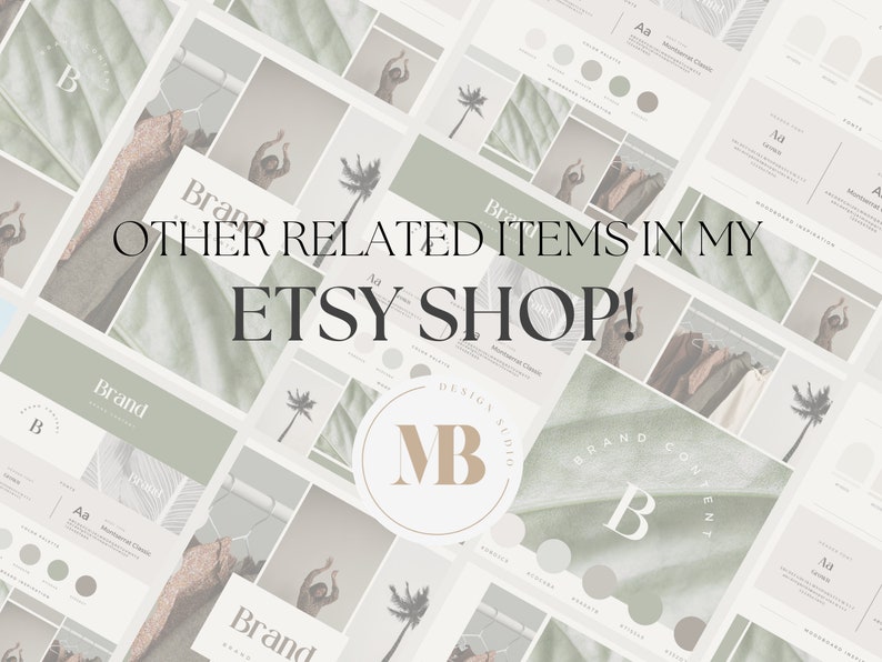 May include: A collage of images showcasing various design elements, including brand logos, color palettes, and typography. The text "OTHER RELATED ITEMS IN MY ETSY SHOP!" is prominently displayed in the center of the image.