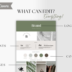 May include: A brand guide template with a green and white color scheme. The template includes a logo, fonts, color palette, and mood board inspiration. The text "Brand" is featured in the top left corner of the template. The text "What can edit? Everything!" is featured in the top right corner of the template.