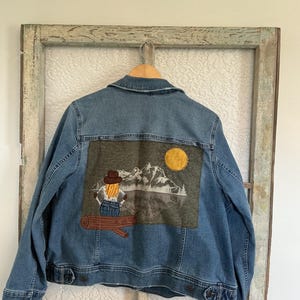 Jean Jacket with cowgirl and mountains/one of a kind