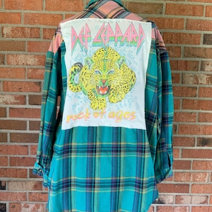 Upcycled flannel shirt with Def Leppard t-shirt on back
