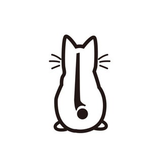 May include: A black and white graphic of a cat's rear end, viewed from behind. The cat is stylized with a simple outline, featuring a tail, ears, and whiskers. A black dot represents the cat's tail. The image is on a white background.