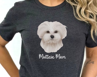 May include: Dark gray t-shirt featuring a white Maltese dog portrait and the text "Maltese Mom" in a script font. The shirt is a short-sleeved crew neck.
