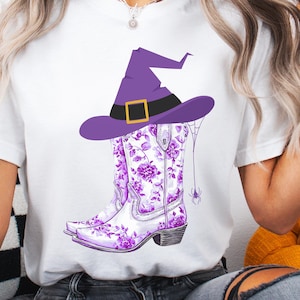 Cowgirl Boots and Witch Hat Halloween Shirt, Western Spooky Season Tee, Country Witch T-Shirt, Fall Pumpkin Patch Outfit, Rodeo Halloween