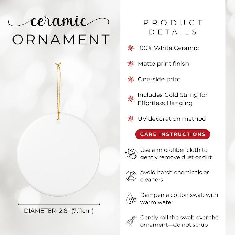 May include: A round white ceramic ornament with a gold string for hanging. The product details specify 100% white ceramic, a matte print finish, one-side print, and UV decoration. A measurement line indicates a diameter of 2.8 inches.