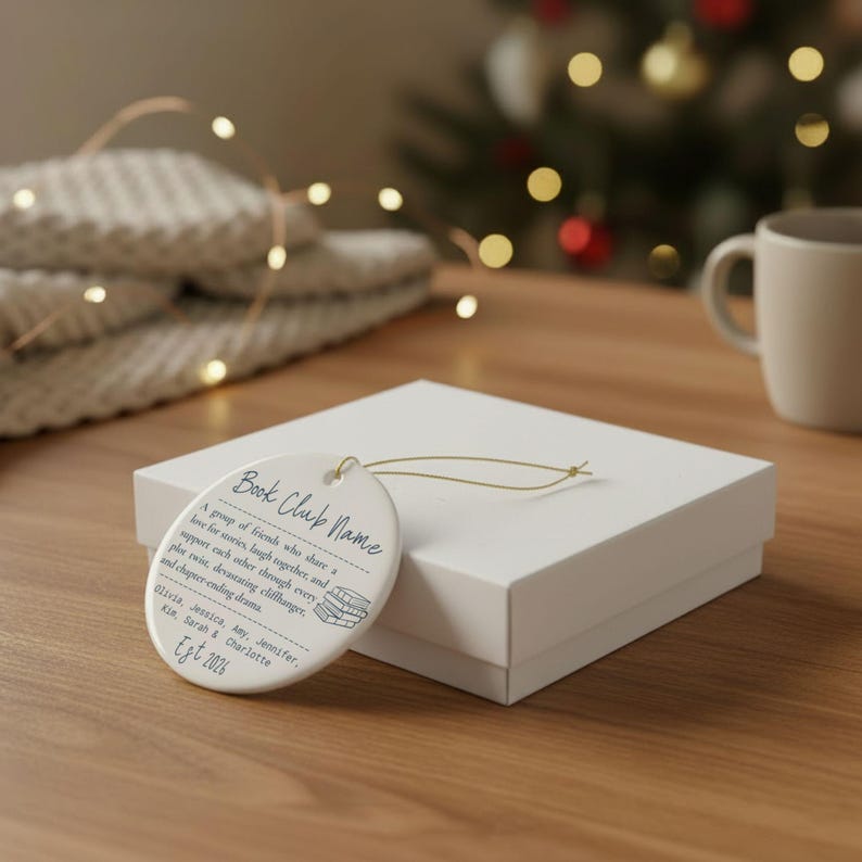 Book Club Ornament, Personalized Group Gift, Book Club Christmas Ornament, Custom Reader Gift, Book Lover Ornament, Holiday Gift Round + White Gift Packaging