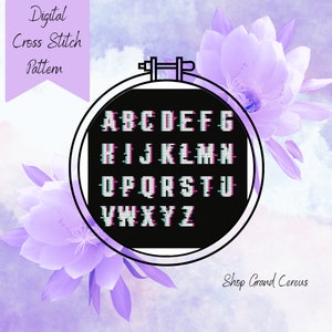 Glitch Alphabet | Cross Stitch Pattern, Pixel Alphabet Cross Stitch, Gamer Font, Cross Stitch Font, Pink Blue Font, Nerdy Alphabet Pattern