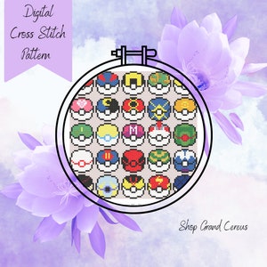 Padrão de ponto cruz de Pokébolas | Pokémon Cross Stitch, Pixel Cross Stitch, Pokémon Pixel Art, Gráfico de Pokébola, Treinador de Pokémon, Presente de Pokémon