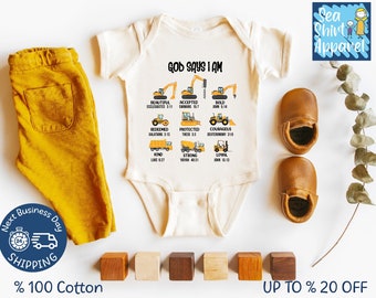 God Says Construction Trucks Baby Bodysuit: Christian Baby Tee
