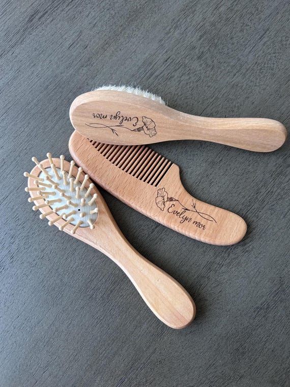 Engravable Natural Wood Baby Brush and Comb Set: Birth Flower Design