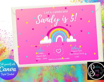 Plantilla de invitación de cumpleaños alegre arco iris - Descarga digital - Canva Link