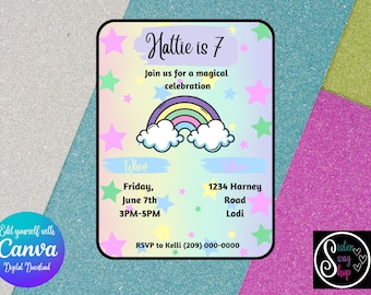 Plantilla de invitación a la celebración del cumpleaños del arco iris mágico - Descarga digital - Canva Link
