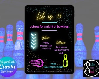 Invitación de cumpleaños de Night Bowling - Descarga digital - Canva Link