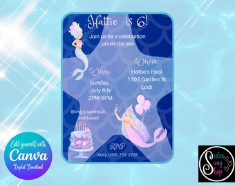Plantilla de fiesta de natación de sirena - Descarga digital - Canva Link