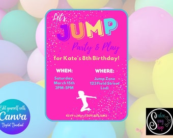Plantilla de invitación de cumpleaños rosa para saltar y jugar - Parque de trampolines - Descarga digital - Enlace de Canva