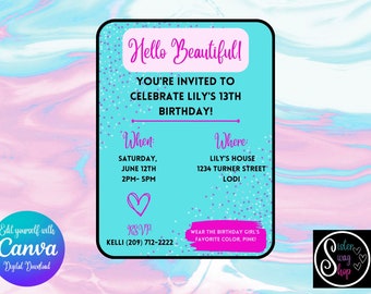 Hola hermosa plantilla de invitación a fiesta de cumpleaños - Descarga digital - Canva Link