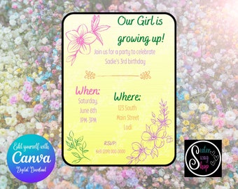 Plantilla de invitación de cumpleaños floral para crecer - Descarga digital - Canva Link