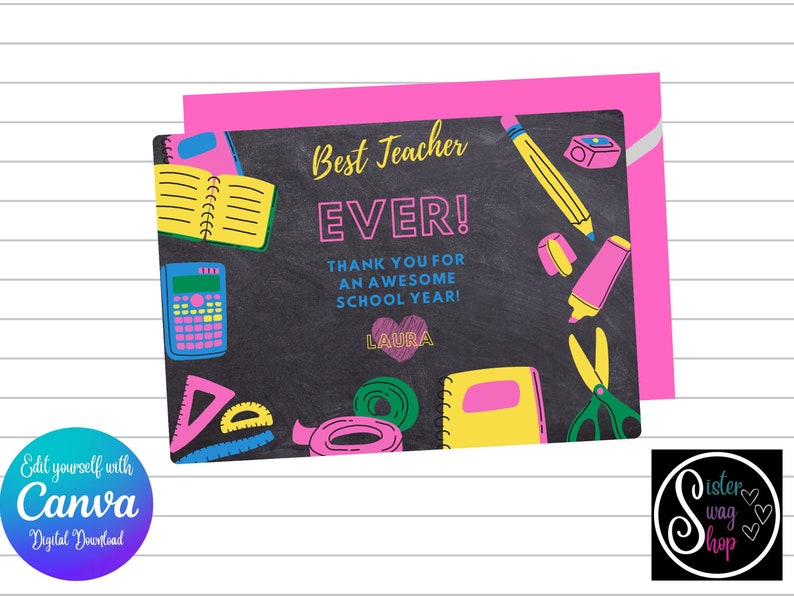 Puede incluir: Una tarjeta de agradecimiento para el profesor imprimible con un fondo de pizarra negra y &uacute;tiles escolares coloridos. El texto dice "Mejor profesor &iexcl;PARA SIEMPRE! &iexcl;Gracias por un a&ntilde;o escolar incre&iacute;ble!" con espacio para un nombre.