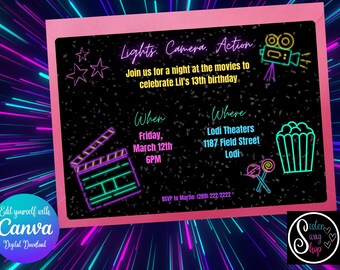 Plantilla de invitación a fiesta de cumpleaños de película nocturna - Descarga digital - Canva Link