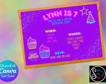Plantilla de invitación a fiesta de cumpleaños de cupcakes inspirada en neón - Descarga digital - Canva Link