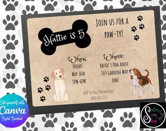Plantilla de invitación a fiesta de cumpleaños temática de perro infantil - Descarga digital - Canva Link