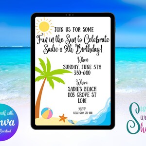 Beach Birthday Invitation Template - Digital Download - Canva Link