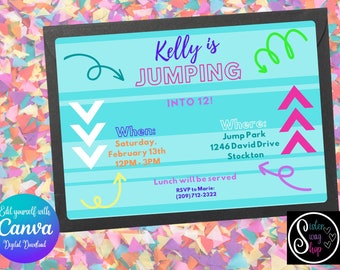 Saltar a la plantilla de invitación al parque de trampolines de cumpleaños - Descarga digital - Canva Link