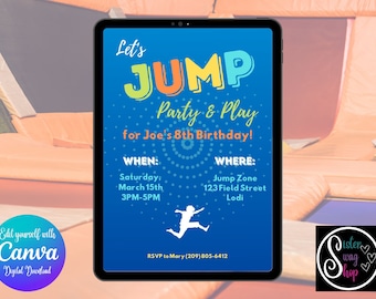 Plantilla de invitación para fiesta de cumpleaños con saltos y juegos - Parque de trampolines - Diseño digital - Enlace de Canva