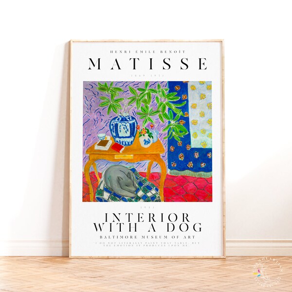 Henri Matisse Poster, Interior with a Dog, Modern Art Print, Matisse Abstract Modern Decor, Artist Quote, French Painting, Fauvism Poster