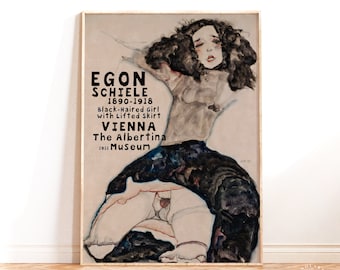 Egon Schiele Retro Poster Print, Black-Haired Girl with Lifted Skirt Exhibition Poster, Fine Art Print, Housewarming Gift Idea