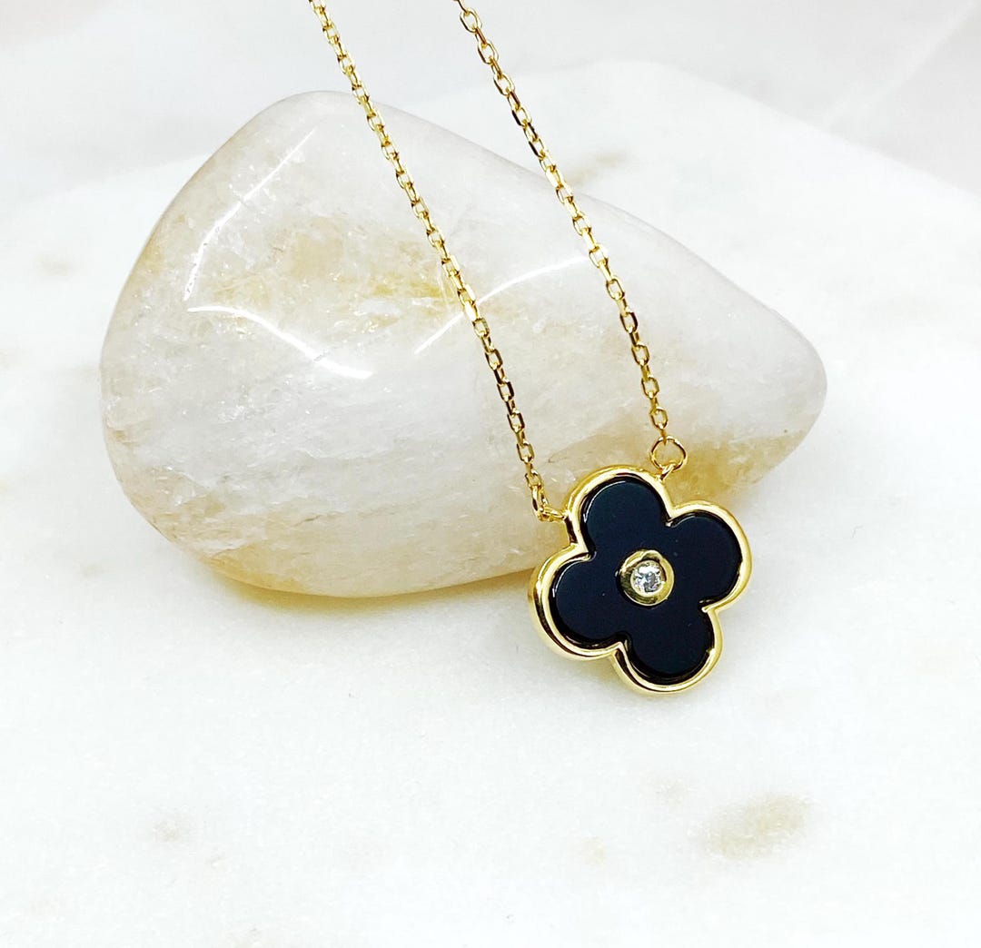 Clover Design Yellow Gold Plated Stainless Steel Black Flower Clover ...