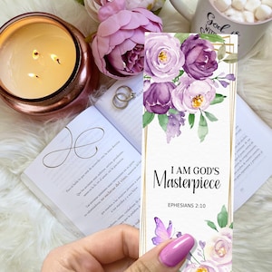 Bookmark Watercior purple peonies Scripture Bookmark print for women
