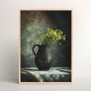 Rustic Jug Wildflower Still Life, Moody Vintage Floral Oil Painting, Warm Sepia French Country Cottage Botanical Art, Printable Wall Decor