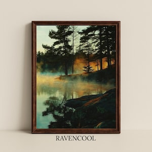 Misty Forest Lake Digital Print: Rustic Cabin Wall Art (Digital Download)