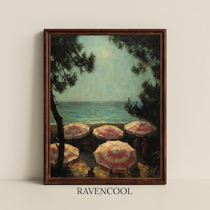 Seaside Umbrella Canvas Art: Vintage Coastal Decor, Beach House Print