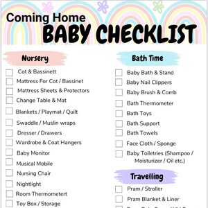 Peut inclure: Une liste de contr&ocirc;le pour les nouveaux parents, avec des sections pour la chambre de b&eacute;b&eacute;, l'heure du bain et les voyages. La liste de contr&ocirc;le comprend des articles tels qu'un lit b&eacute;b&eacute;, une bassine, une table &agrave; langer, un moniteur pour b&eacute;b&eacute;, des jouets de bain, une poussette et un si&egrave;ge auto.
