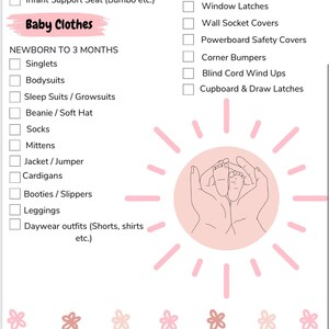 Peut inclure: Une liste de contr&ocirc;le pour les v&ecirc;tements de b&eacute;b&eacute; et les articles de s&eacute;curit&eacute; pour les nouveau-n&eacute;s de 0 &agrave; 3 mois. La liste de contr&ocirc;le comprend des articles tels que des d&eacute;bardeurs, des bodys, des pyjamas, des bonnets, des chaussettes, des mitaines, des vestes, des cardigans, des chaussons, des leggings et des tenues de jour. La liste de contr&ocirc;le comprend &eacute;galement des articles de s&eacute;curit&eacute; tels que des loquets de fen&ecirc;tres, des caches-prises, des caches de s&eacute;curit&eacute; pour les prises &eacute;lectriques, des pare-chocs d'angle, des enrouleurs de cordon aveugle et des loquets de placard et de tiroir.