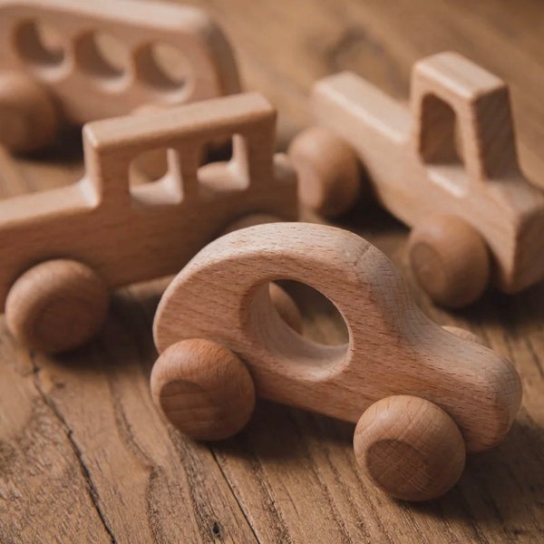 Wooden Car Set Toys - 4 Vehicles  - Great Gift Idea for Little Boys and Girls!