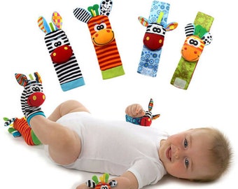 Baby Socks and Wrist Rattle  Feet Finder Toy - 4 Piece Set - Sensory Learning Toys for Babies Boys & Girls