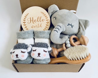 Baby Gift Set Box 5 Piece - Gender Neutral - Elephant Security Blanket - Lamb Rattle Socks - Baby Brush - Wooden Rattle - Great Gift Idea!