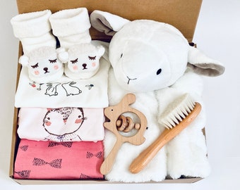 Baby Girl Gift Set Box Large - 3 Rompers -Large Plush Lamb Security Blanket - Lamb Rattle Socks - Baby Brush - Wooden Rattle