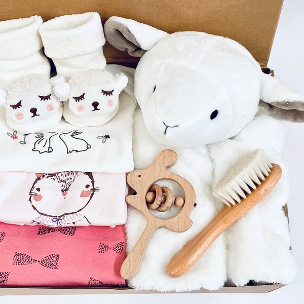 Baby Girl Gift Set Box Large - 3 Rompers -Large Plush Lamb Security Blanket - Lamb Rattle Socks - Baby Brush - Wooden Rattle