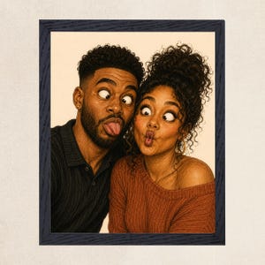 May include: A framed digital illustration of two people making silly faces. One person has short dark hair and a beard, wearing a black polo shirt. The other has curly dark hair in a high bun, wearing a rust-colored sweater. Both have crossed eyes.