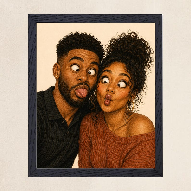 May include: A framed digital illustration of two people making silly faces. One person has short dark hair and a beard, wearing a black polo shirt. The other has curly dark hair in a high bun, wearing a rust-colored sweater. Both have crossed eyes.