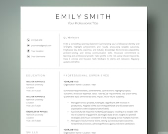 Professional Resume Template, Google Docs, Word, 1-3 Page Resume Template, Cover Letter & References Template, Modern Minimalist CV Template